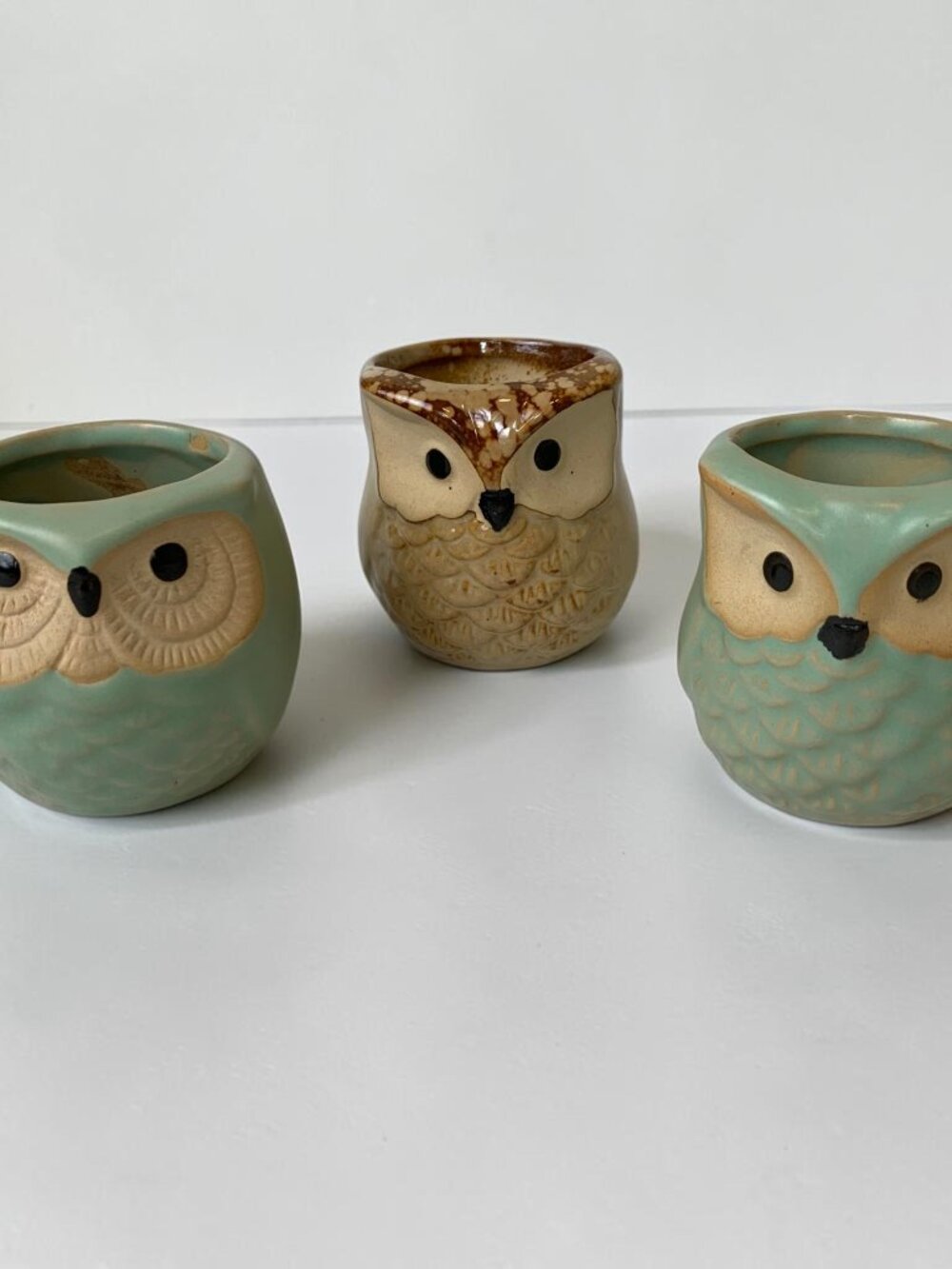 Set of 3 Ceramic Owl Planters Teal Brown Succulent Pots Woodland Home Decor